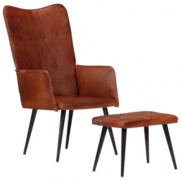 Chaise à oreilles avec repose-pied Marron Cuir véritable