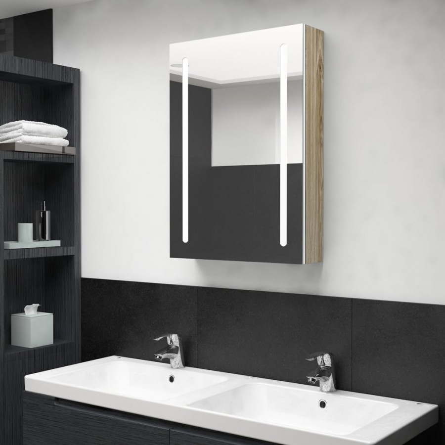 Armoire de salle de bain à miroir LED blanc et chêne 50x13x70cm