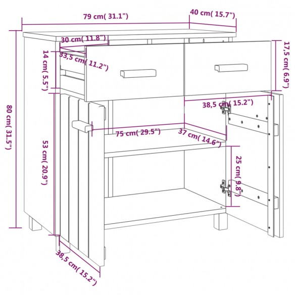 Buffet HAMAR Gris clair 79x40x80 cm Bois massif de pin