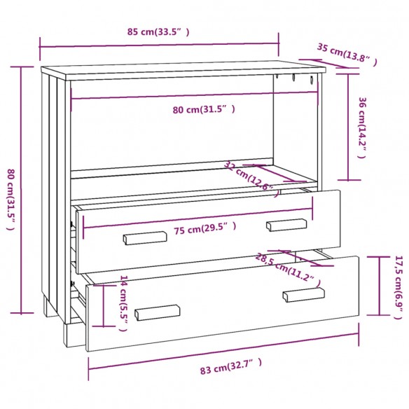 Buffet HAMAR Gris foncé 85x35x80 cm Bois massif de pin