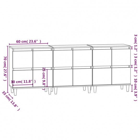 Buffets 3 pcs noir 60x35x70 cm bois d'ingénierie