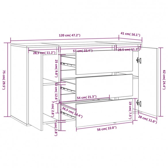 Buffet avec 3 tiroirs Chêne Sonoma 120x41x75 cm Aggloméré