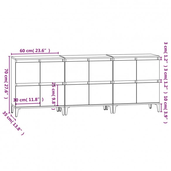 Buffets 3 pcs chêne fumé 60x35x70 cm bois d'ingénierie