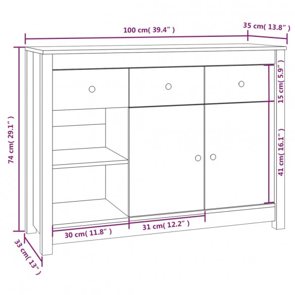 Buffet Gris 100x35x74 cm Bois massif de pin