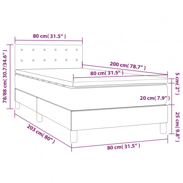 Cadre de lit avec matelas et LED Gris foncé 80x200cm