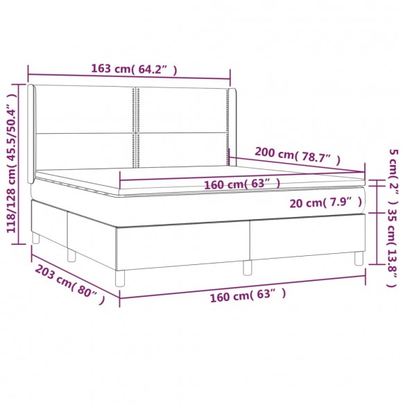 Cadre de lit matelas LED Gris foncé 160x200 cm Tissu