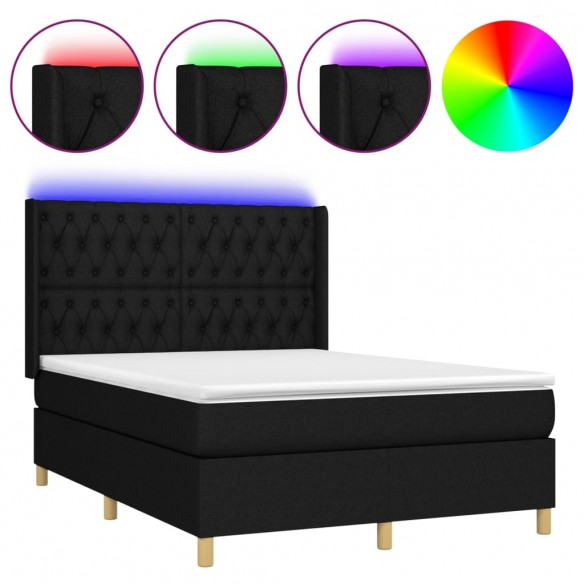 Sommier à lattes de lit matelas et LED Noir 140x190 cm Tissu