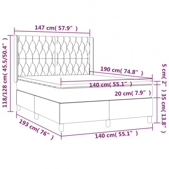 Cadre de lit matelas et LED Noir 140x190 cm Tissu