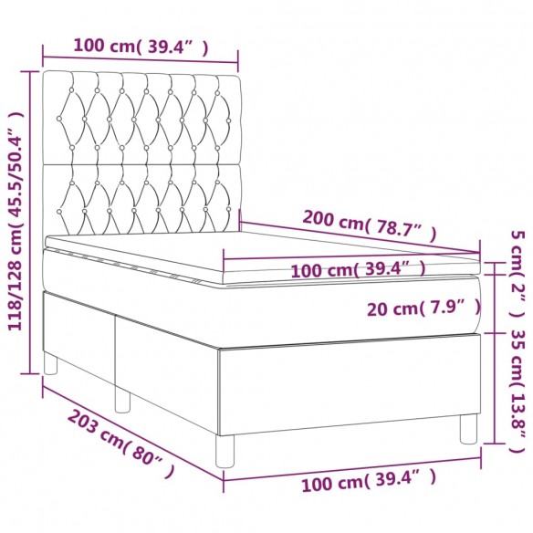 Cadre de lit et matelas et LED Gris foncé 100x200 cm