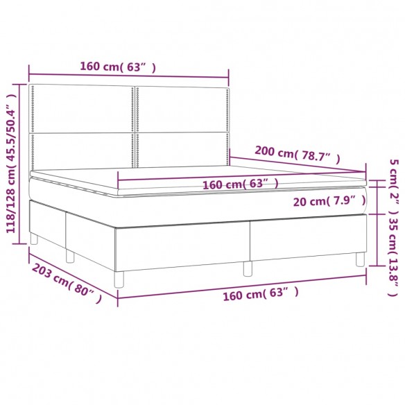 Cadre de lit et matelas et LED Gris foncé 160x200 cm