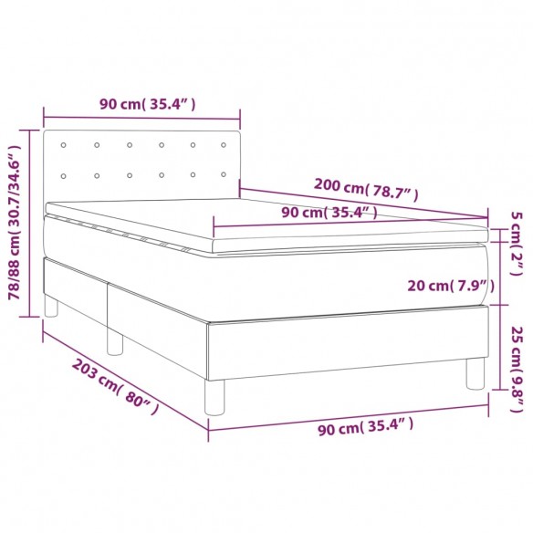 Sommier à lattes de lit avec matelas et LED Gris foncé 90x200cm