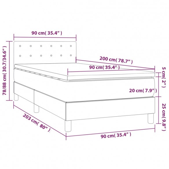 Cadre de lit avec matelas Gris foncé 90x200 cm Tissu