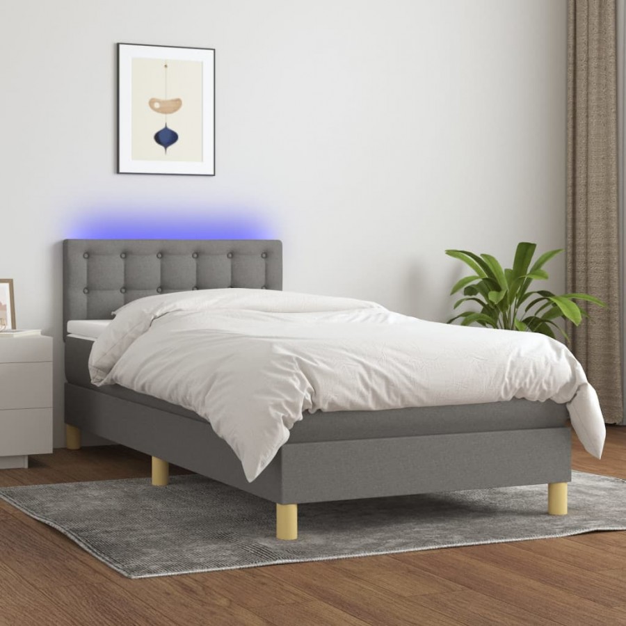 Sommier à lattes de lit avec matelas et LED Gris foncé 90x190cm