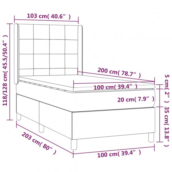 Cadre de lit avec matelas Gris foncé 100x200 cm