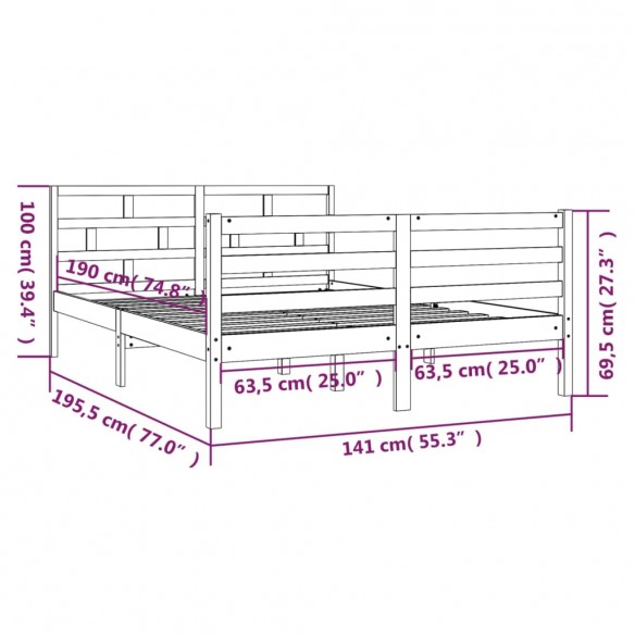 Cadre de lit Blanc Bois massif 135x190 cm Double