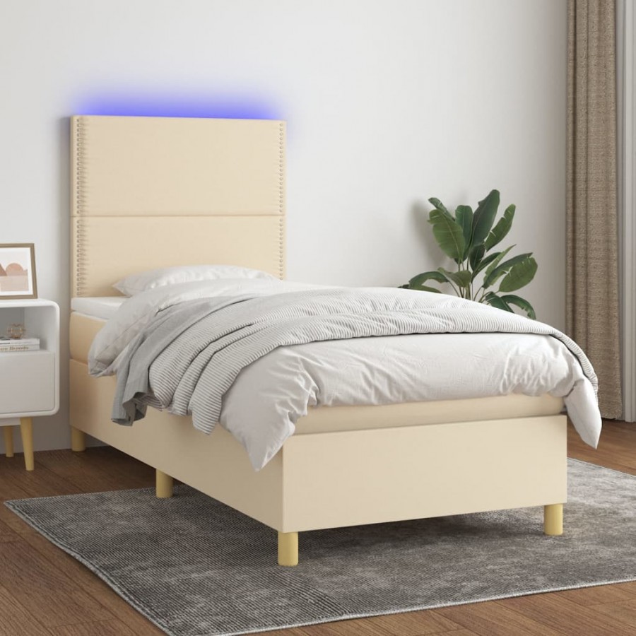 Sommier à lattes de lit et matelas et LED Crème 100x200cm Tissu