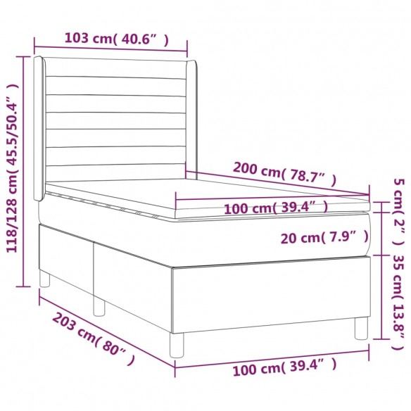 Sommier à lattes de lit matelas et LED Gris foncé 100x200 cm