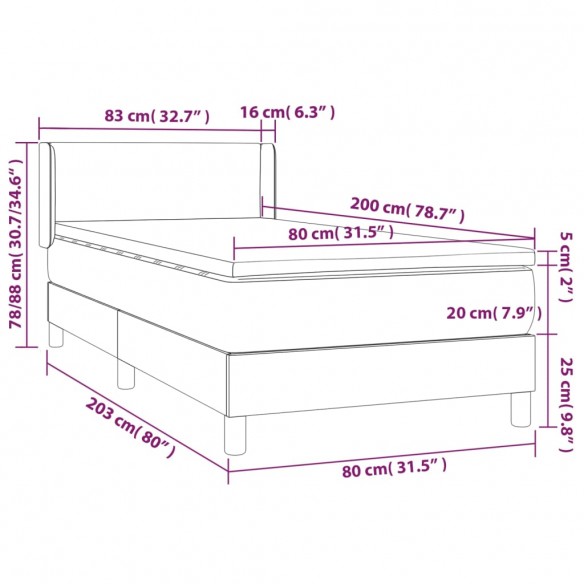 Cadre de lit et matelas Noir 80x200 cm Tissu