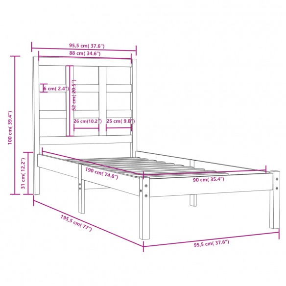 Cadre de lit bois massif 90x190 cm simple