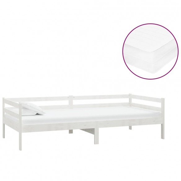 Lit de repos avec matelas 90x200 cm Blanc Bois de pin massif