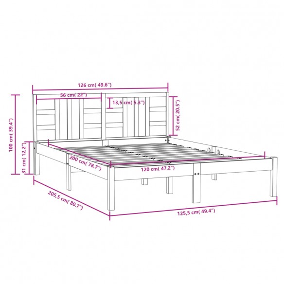 Cadre de lit Gris Bois massif 120x200 cm