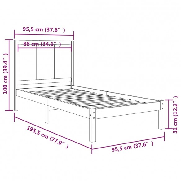 Cadre de lit bois de pin massif 90x190 cm simple