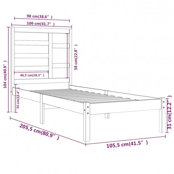 Cadre de lit Blanc Bois massif 100x200 cm