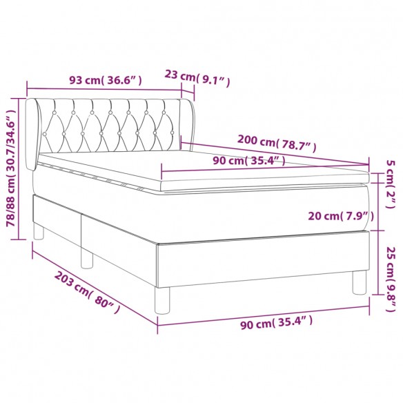 Sommier à lattes de lit avec matelas Noir 90x200 cm Tissu