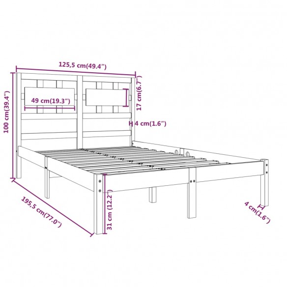 Cadre de lit Blanc Bois massif 120x190 cm Petit Double