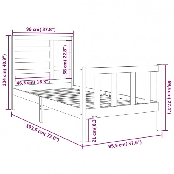 Cadre de lit Noir Bois massif 90x190 cm Simple