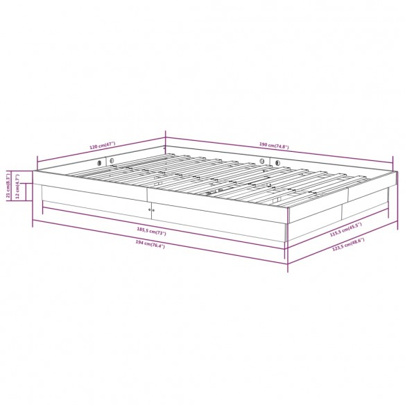 Cadre de lit Gris Bois massif 120x190 cm Petit double