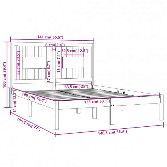 Cadre de lit bois massif 135x190 cm double