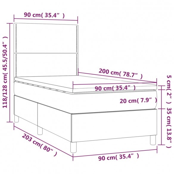 Cadre de lit avec matelas et LED Gris clair 90x200cm