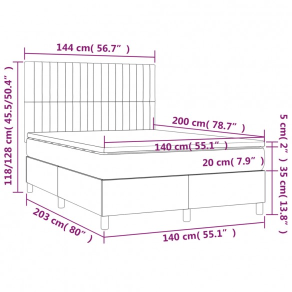 Cadre de lit et matelas et LED Taupe 140x200cm Tissu