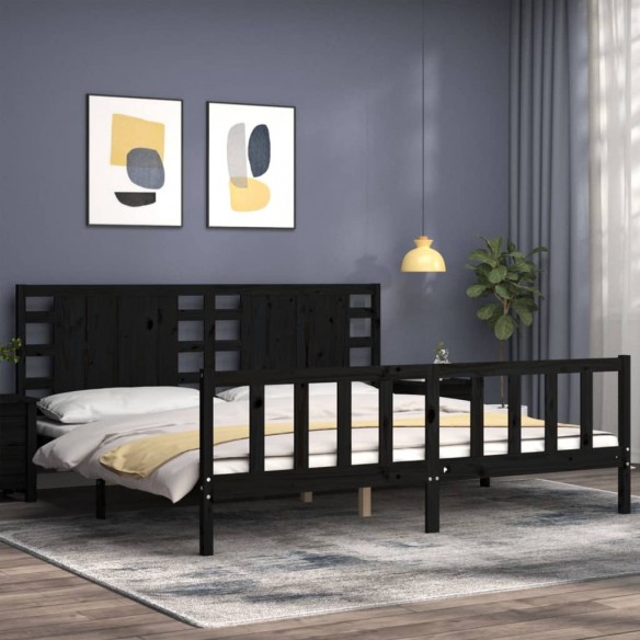 Cadre de lit avec tête de lit noir Super King bois massif
