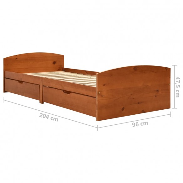 Cadre de lit avec 2 tiroirs marron miel bois de pin 90x200 cm