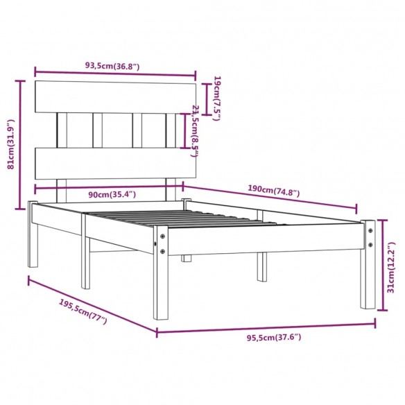 Cadre de lit Noir Bois massif 90x190 cm Simple