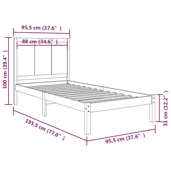 Cadre de lit Noir Bois de pin massif 90x190 cm Simple