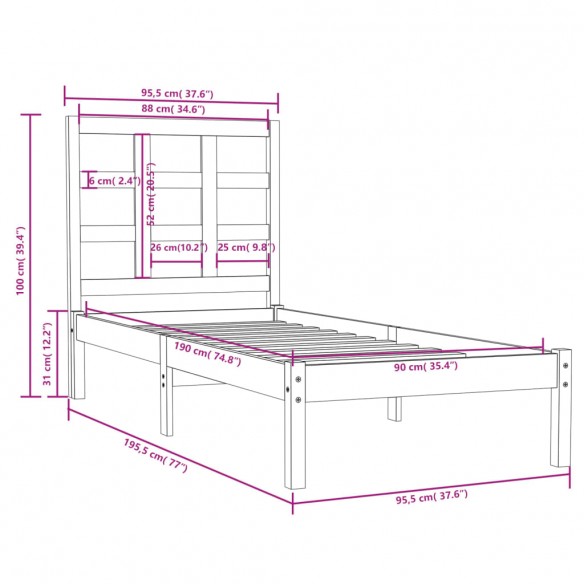 Cadre de lit Noir Bois massif 90x190 cm Simple