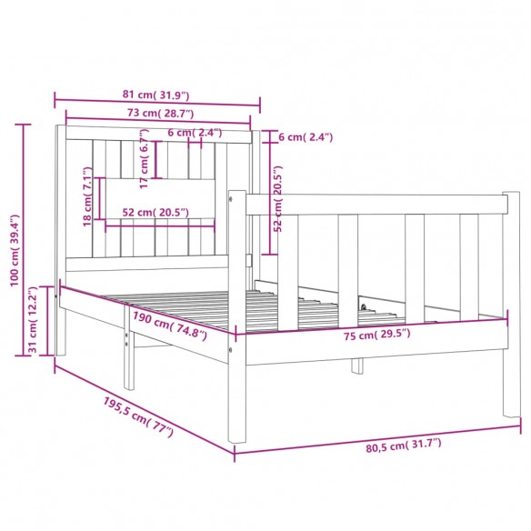 Cadre de lit bois massif 75x190 cm petit simple