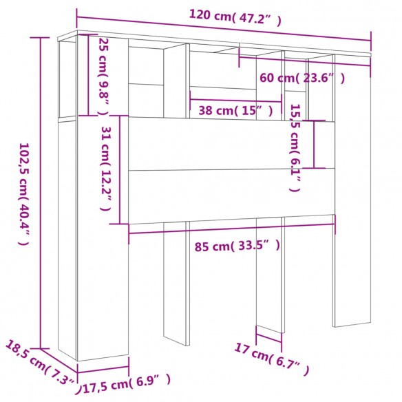 Armoire de tête de lit sonoma gris 120x18,5x102,5 cm