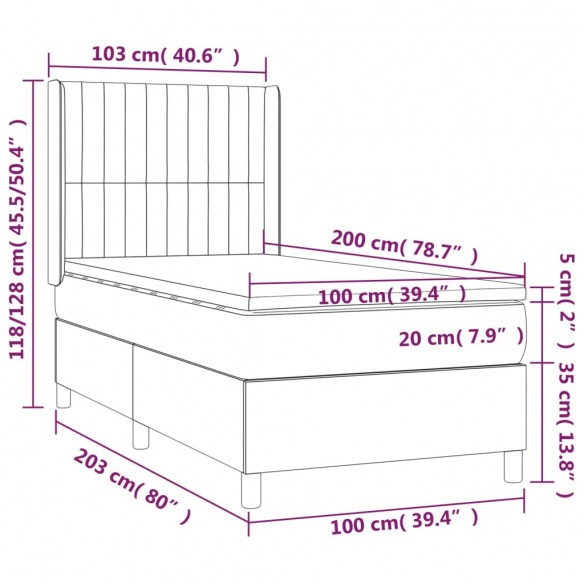 Cadre de lit avec matelas Gris foncé 100x200cm Tissu