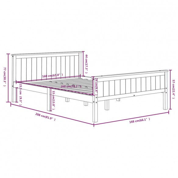 Cadre de lit Gris Bois de pin massif 160x200 cm