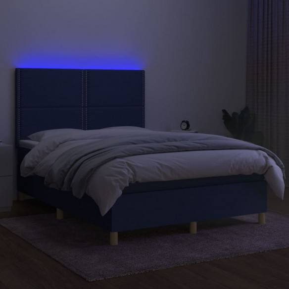 Cadre de lit et matelas et LED Bleu 140x190 cm Tissu