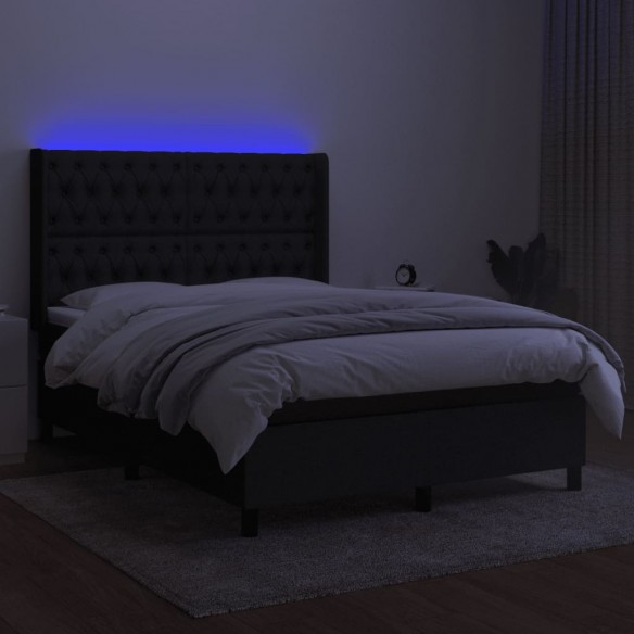 Sommier à lattes de lit matelas et LED Noir 140x200 cm Tissu