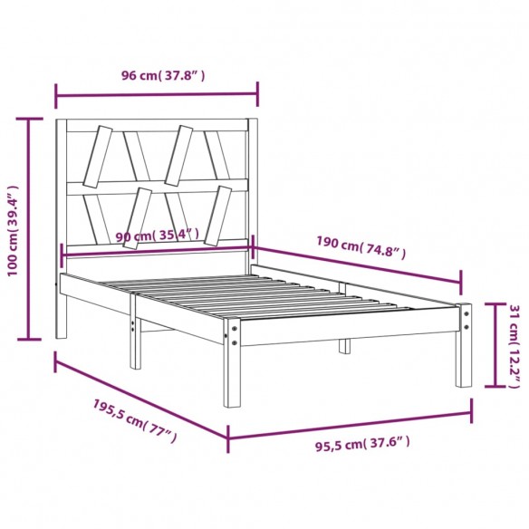 Cadre de lit bois de pin massif 90x190 cm simple