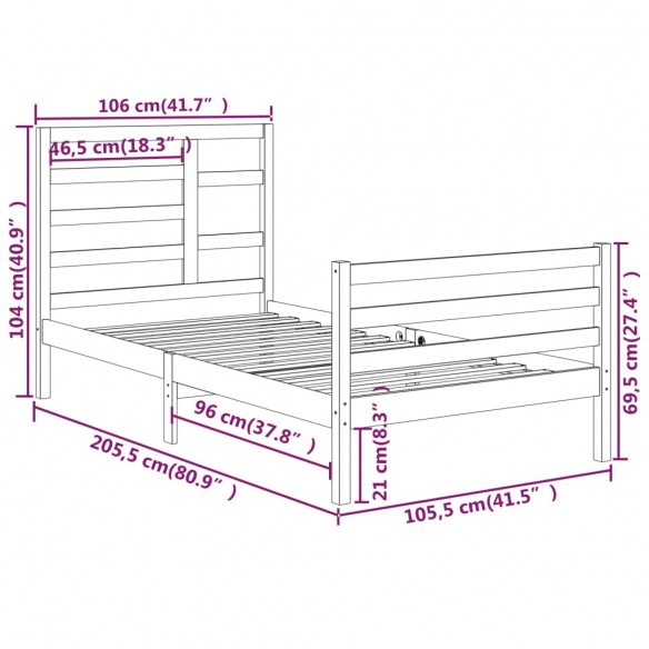 Cadre de lit Blanc Bois massif 100x200 cm