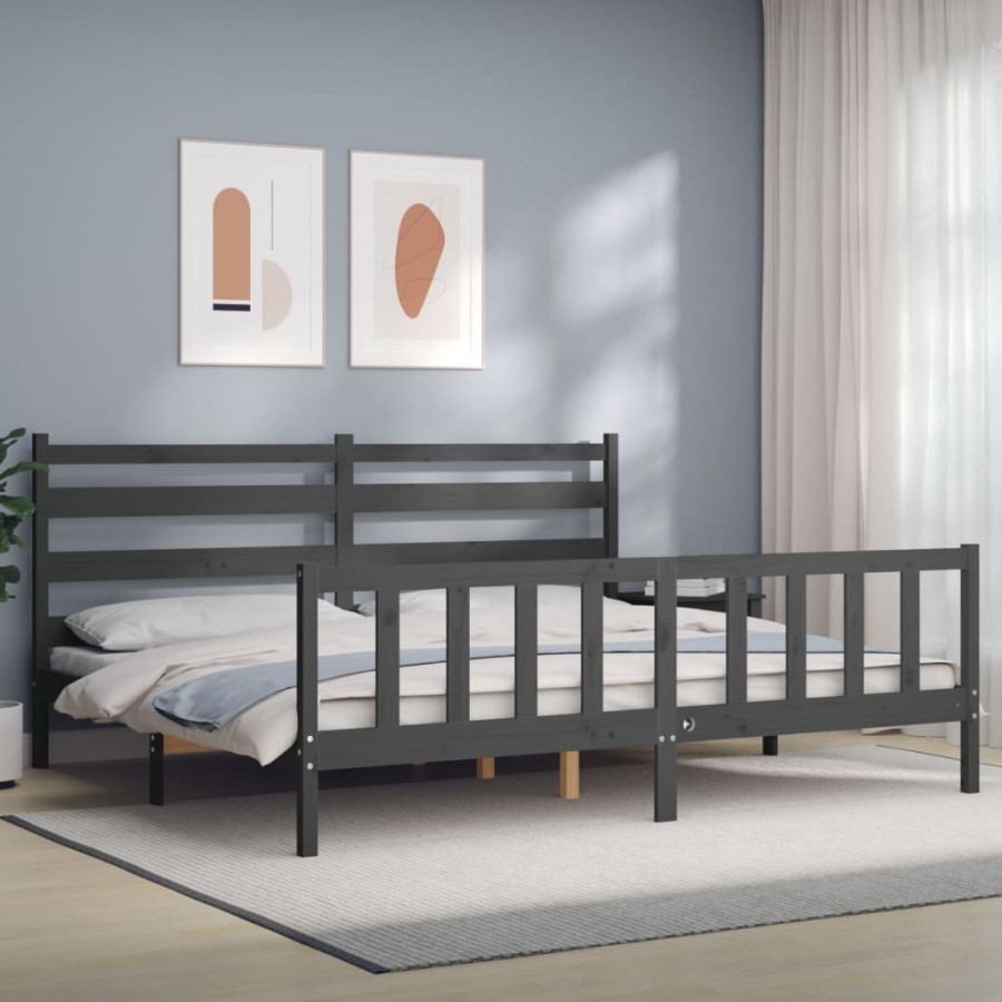 Cadre de lit avec tête de lit gris 180x200 cm bois massif