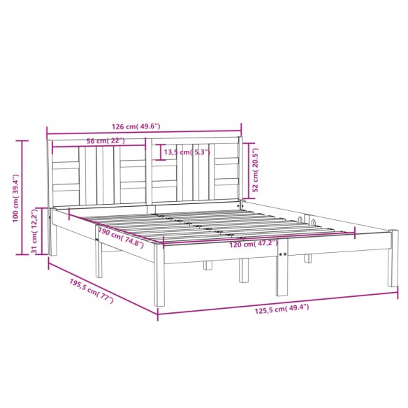 Cadre de lit Blanc Bois massif 120x190 cm Petit Double