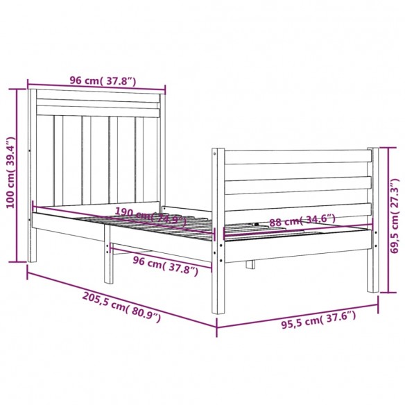 Cadre de lit Blanc Bois massif 90x200 cm